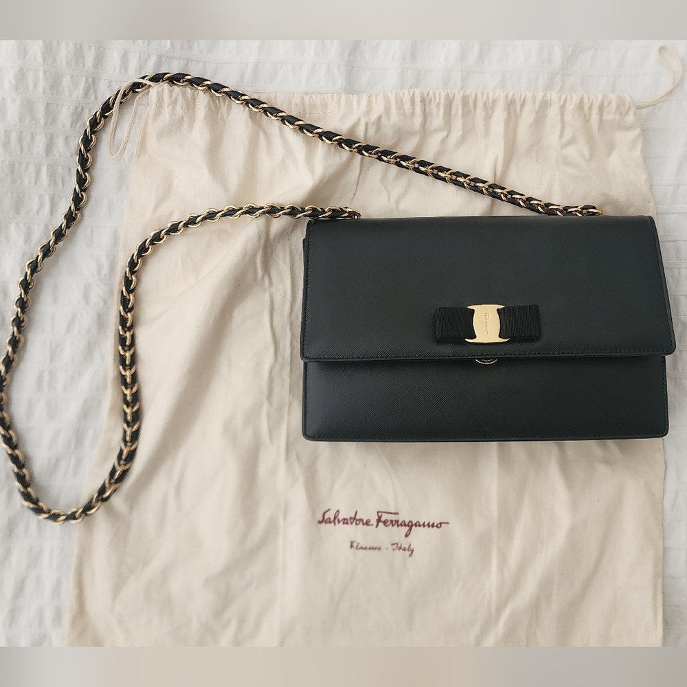 Salvatore Ferragamo Ginny bag black pebble leather with gold hardware.
